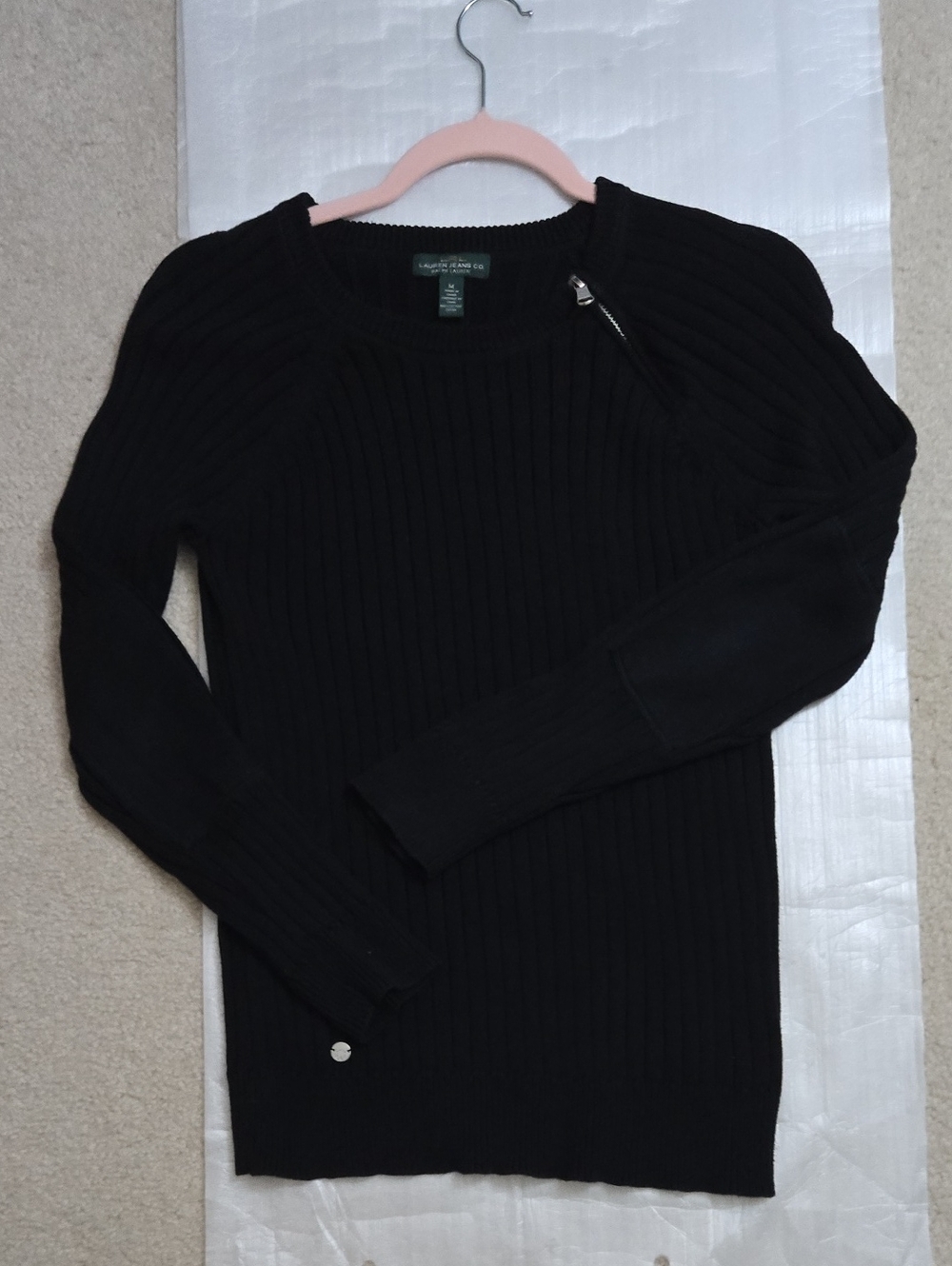 Ralph Lauren Black Ribbed Crewneck Sweater with Zip-Shoulder